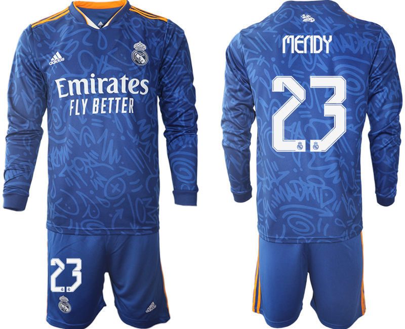 Men 2021-2022 Club Real Madrid away blue Long Sleeve #23 Soccer Jerseys->real madrid jersey->Soccer Club Jersey